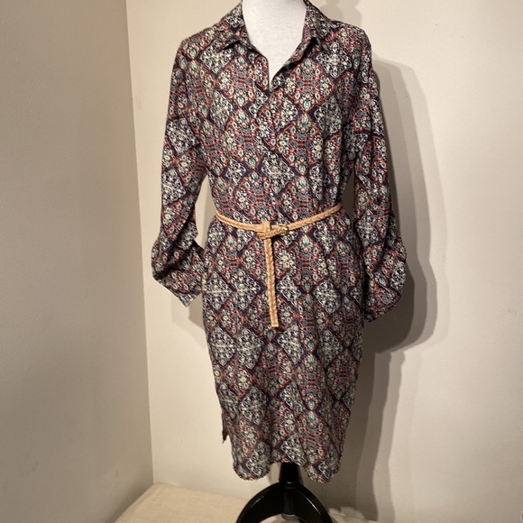 KUT from the kloth print long sleeved shirt dress with v neck and pockets - Picture 3 of 12